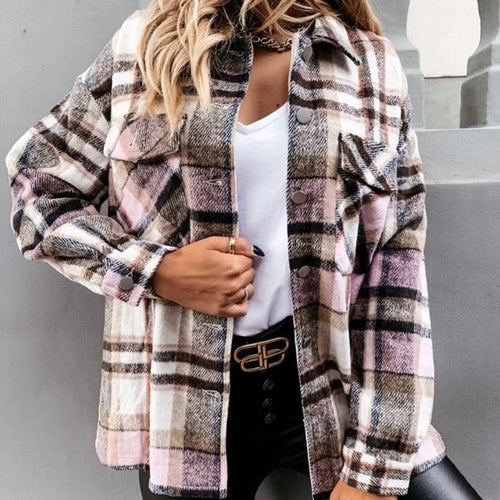 Load image into Gallery viewer, Vintage Plaid Women Blouse Winter Long Sleeve Casual Blazer Shirts Casual Loose Pocket Single Breasted Patchwork Female Top
