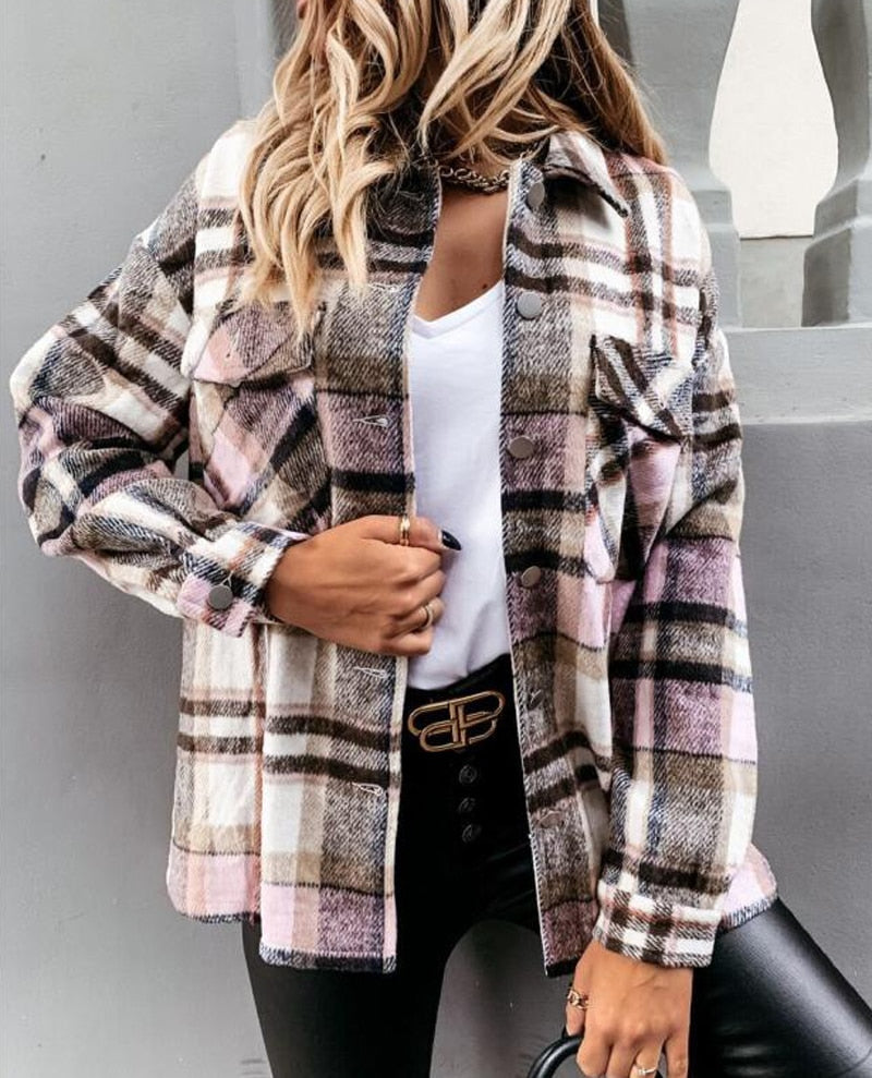 Vintage Plaid Women Blouse Winter Long Sleeve Casual Blazer Shirts Casual Loose Pocket Single Breasted Patchwork Female Top