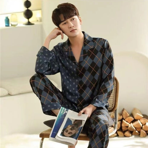 Load image into Gallery viewer, Men&#39;s Spring Autumn Sleepwear Youth Large Homewear Luxury Contrast Color Urban Leisure Comfortable Boys&#39; Pajama Set
