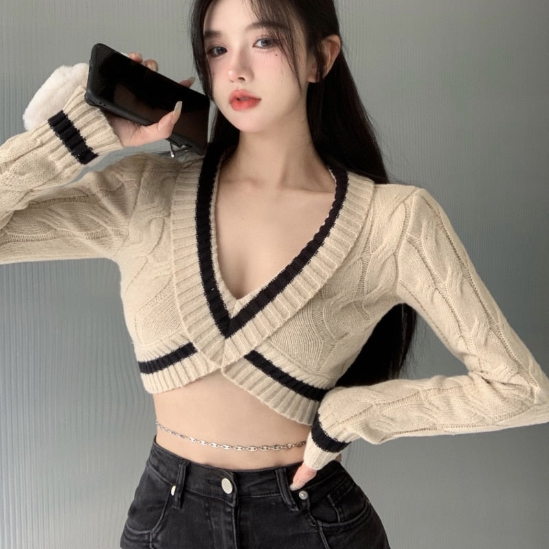 Sexy Women Sweater Pullover V Neck Fashion Knitted Tops Long Sleeve Spring Korean Slim Chic Designed Cropped Sweater