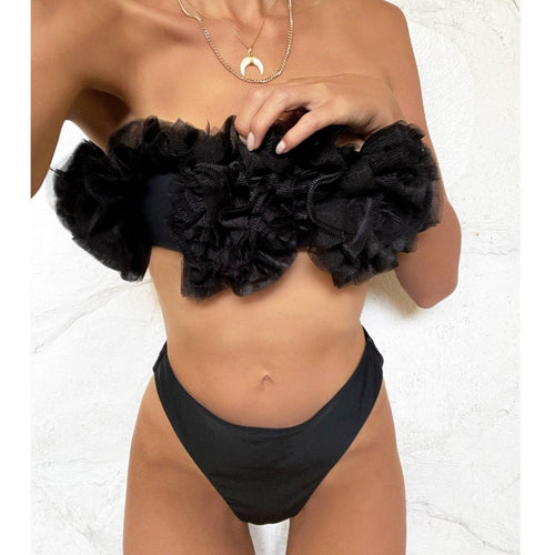 Load image into Gallery viewer, Bandeau Mid Waist Bikini Female Swimsuit Women Swimwear Two-piecs Bikini set Flower Strapless Bather Bathing Suit Swim V2080P
