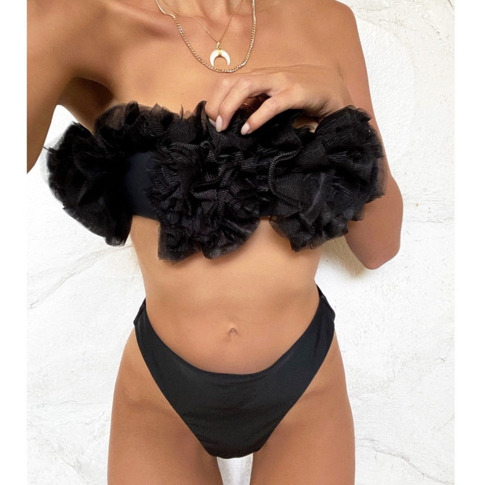 Bandeau Mid Waist Bikini Female Swimsuit Women Swimwear Two-piecs Bikini set Flower Strapless Bather Bathing Suit Swim V2080P