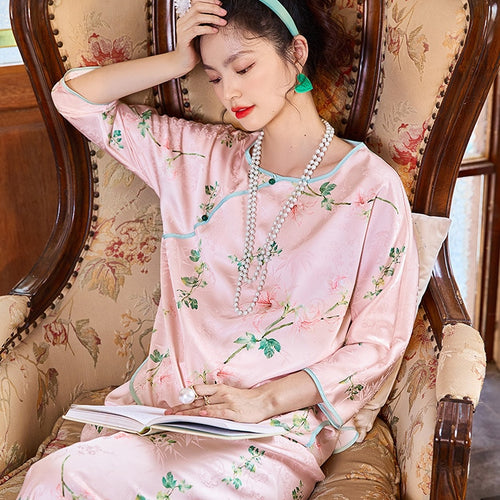 Load image into Gallery viewer, Spring Autumn Women&#39;s Simulated Silk Pajamas Chinese Style Flower Print Home Suit Long Sleeve Pants Two Piece Set
