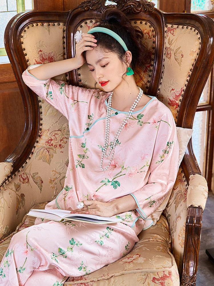 Spring Autumn Women's Simulated Silk Pajamas Chinese Style Flower Print Home Suit Long Sleeve Pants Two Piece Set