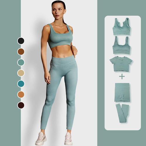 Load image into Gallery viewer, Seamless Yoga Set 2/3/4 Piece Gym Set Women Ribbed Crop Top Shorts Suits Fitness Sports Bra Leggings Running Outfits Tracksuit v2
