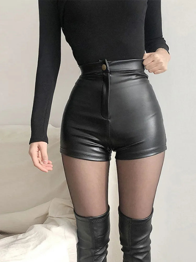 Sexy Black PU Fashion Casual Summer Shorts Women Clothing Faux Leather Goth High Waisted Womens Shorts Y2k Hot Woman Short Pants