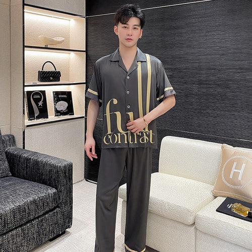 Load image into Gallery viewer, Men&#39;s Pajamas Spring Summer Youth Short Sleeve Pants Two Piece Home Suit Large Fashion Simulation Silk Cardigan Homewear
