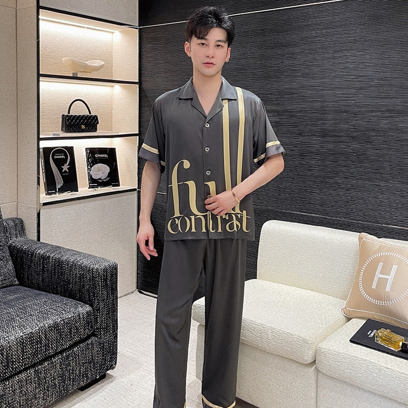 Men's Pajamas Spring Summer Youth Short Sleeve Pants Two Piece Home Suit Large Fashion Simulation Silk Cardigan Homewear