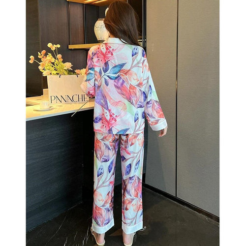 Load image into Gallery viewer, Women&#39;s Pajamas Set Fashion Colorful Leaves Print Leisure Sleepwear Silk Like Long Homewear Nightwear Femme Petite
