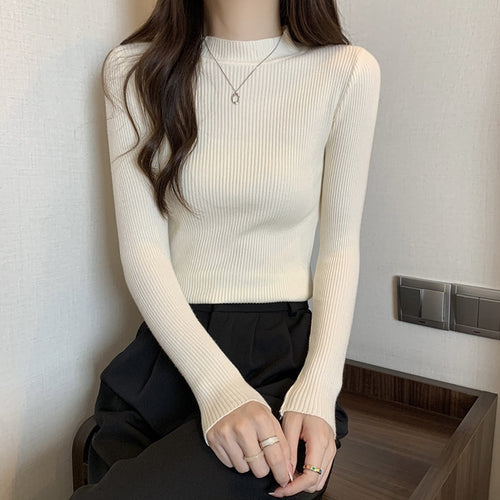 Load image into Gallery viewer, Simple Women Sweater Winter Stand Collar Fashion Pullover Elastic Knit Ladies Jumper Casual Solid Black Female Basic Tops
