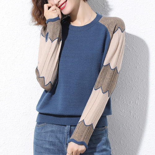 Load image into Gallery viewer, Casual O Neck Women Sweater Fashion Hollow Out Loose Long Sleeve Pullover Thin Knitted Jumper Spring Simple Patchwork Tops
