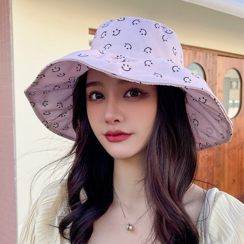 Load image into Gallery viewer, Women&#39;s Summer Hat Fashion Smiley Face Pattern Print Cap Bow Design Sun Hat Travel Beach Bucket Hat
