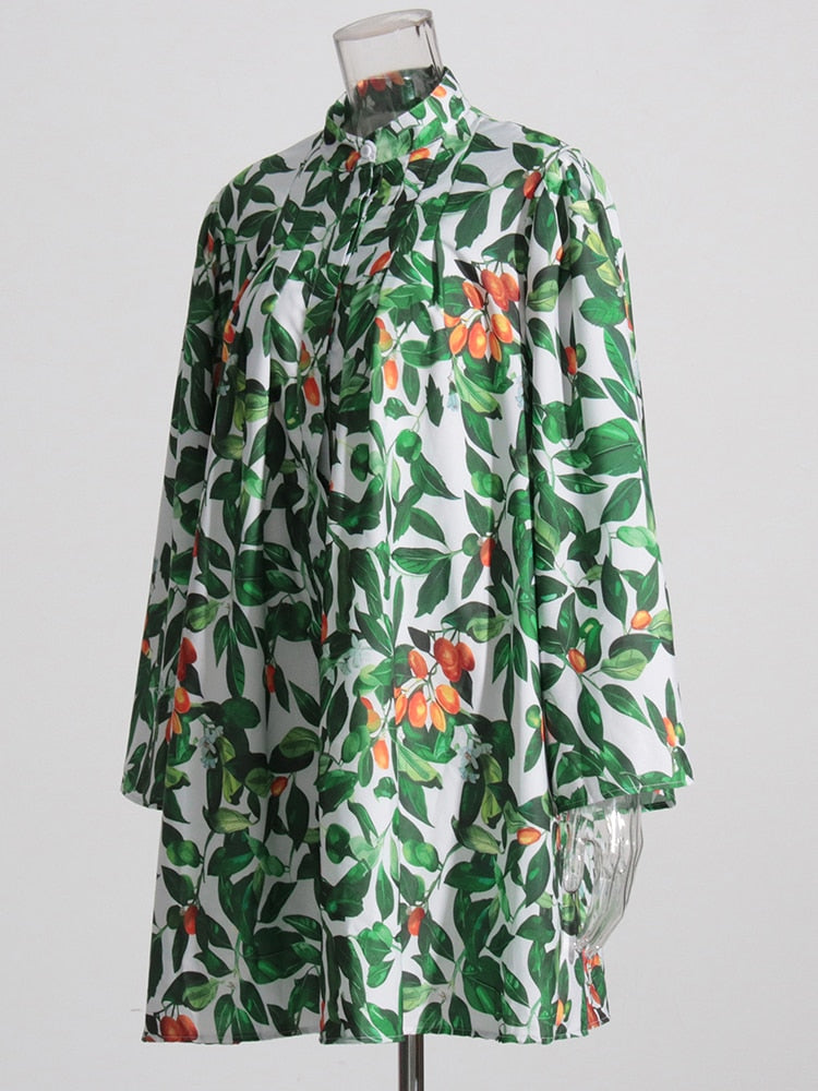 A Line Print Dresses For Women Round Neck Long Sleeve High Waist Hit Color Mini Folds Dress Female Fashion