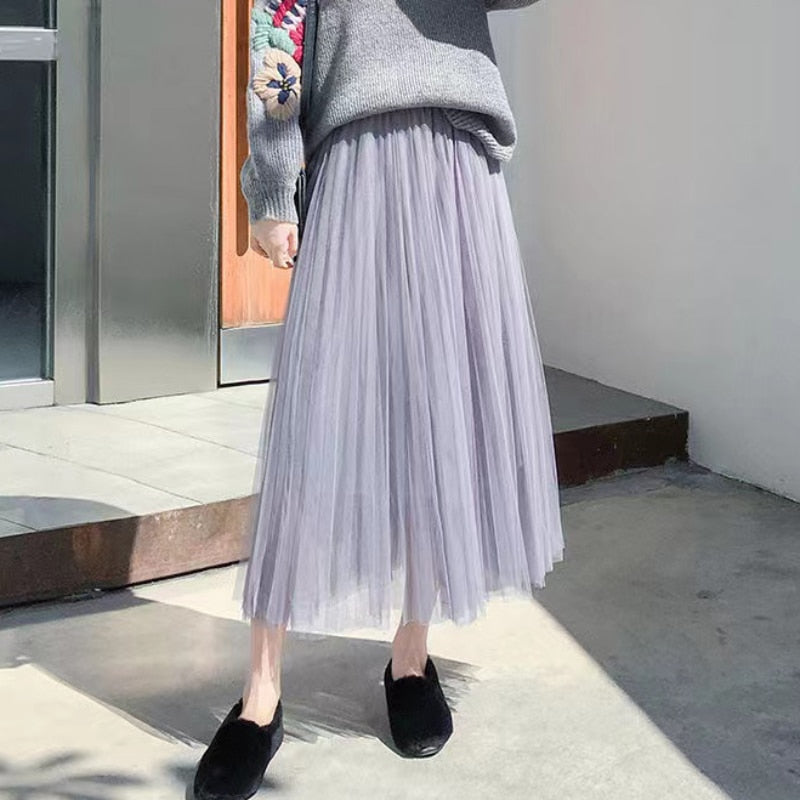 Elegant Women Tulle Skirt  Korean Fashion Mesh White A Line Ladies Pleated Skirt Summer Chic High Waist Black Party Faldas