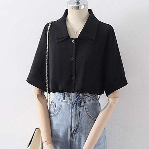 Load image into Gallery viewer, Design Double Turn Down Collar Women White Shirts Short Sleeve Summer Button Up OL Shirts Korean Casual Chiffon Female Tops
