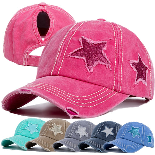 Load image into Gallery viewer, Fashion Women Ponytail Cap Sequins 5-Point Star Hole Design Baseball Cap Female Washed Cotton Streetwear Hats
