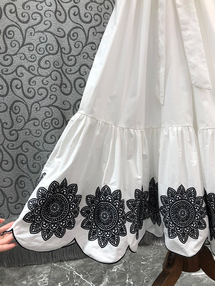 Colorblock Patchwork Embroidery Dresses For Women Round Neck Short Sleeves High Waist Casual Dress Female Fashion