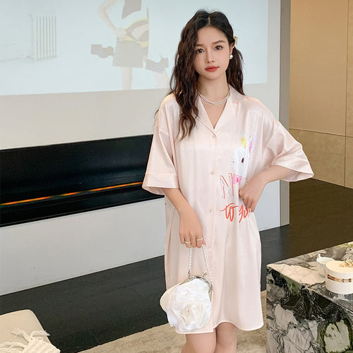 Load image into Gallery viewer, Women&#39;s Summer Lapel Leisure Pajamas Large Size Medium Long Skirt Nightgown Sweet Girls Cartoon Cardigan Home Clothes
