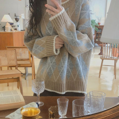 Load image into Gallery viewer, Korean Fashion Autumn Winter Vintage Loose All Match Pullover Plaid Knitted Sweater Long Sleeve Women Clothes Femme Top

