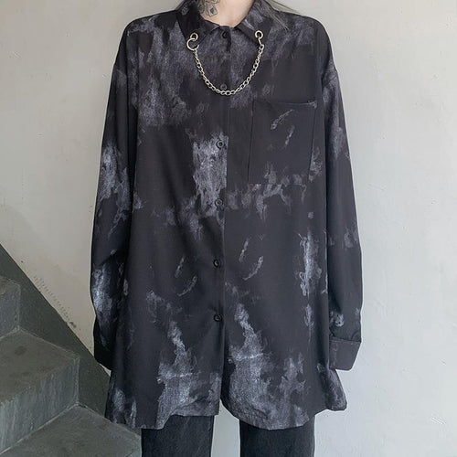 Load image into Gallery viewer, Oversize Tie Dye Women Shirts Dark Academic Long Sleeve Chain Bear Button Up Oversize Tops Gothic Streetwear Black Shirt
