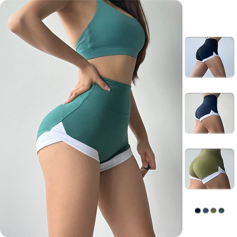 Fashion Scrunch Seamless Yoga Shorts High Waist Push Up Stretchy Patchwork Clothing Women Workout Daily Casual Beach Party Pants