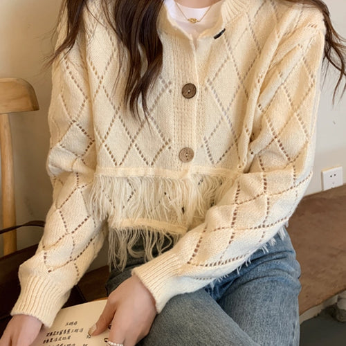 Load image into Gallery viewer, Sexy Tassel Women Cardigan Sweater Design Hollow Out Korean Fall Long Sleeve Thin Shorts Coat Button Up Fashion Knit Tops
