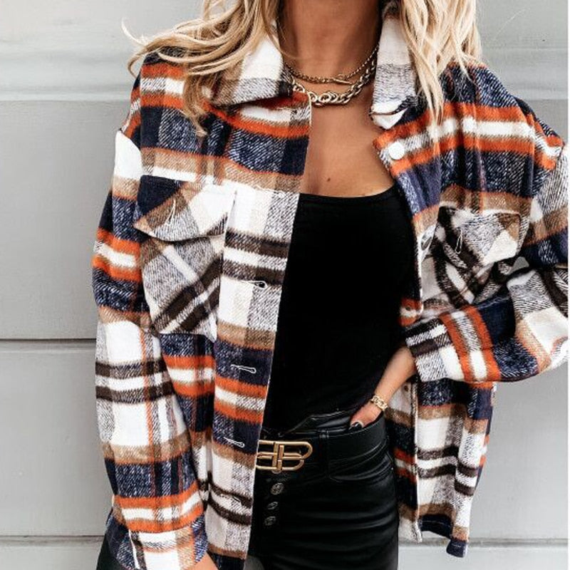 Vintage Plaid Women Blouse Winter Long Sleeve Casual Blazer Shirts Casual Loose Pocket Single Breasted Patchwork Female Top