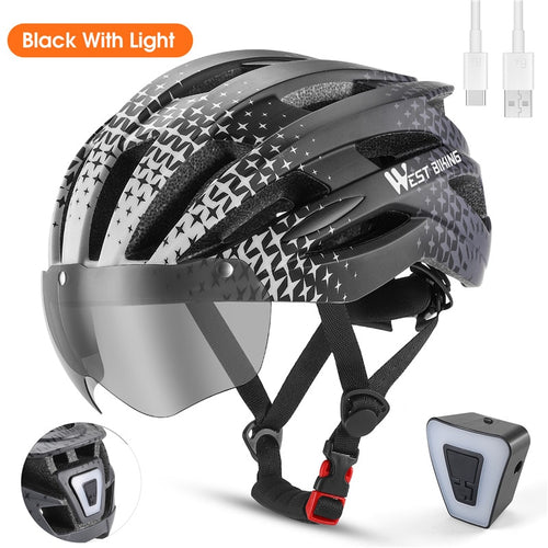 Load image into Gallery viewer, MTB Cycling Helmet Lightweight Electric Bike Goggles Helmet Triathlon Racing Bike Safety Helmet With LED Rear Lights
