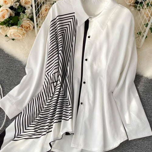 Load image into Gallery viewer, Oversize Women Shirts Fashion Patchwork Irregular White Loose Ladies Button Up Shirt Casual Long Sleeve Fall Female Top
