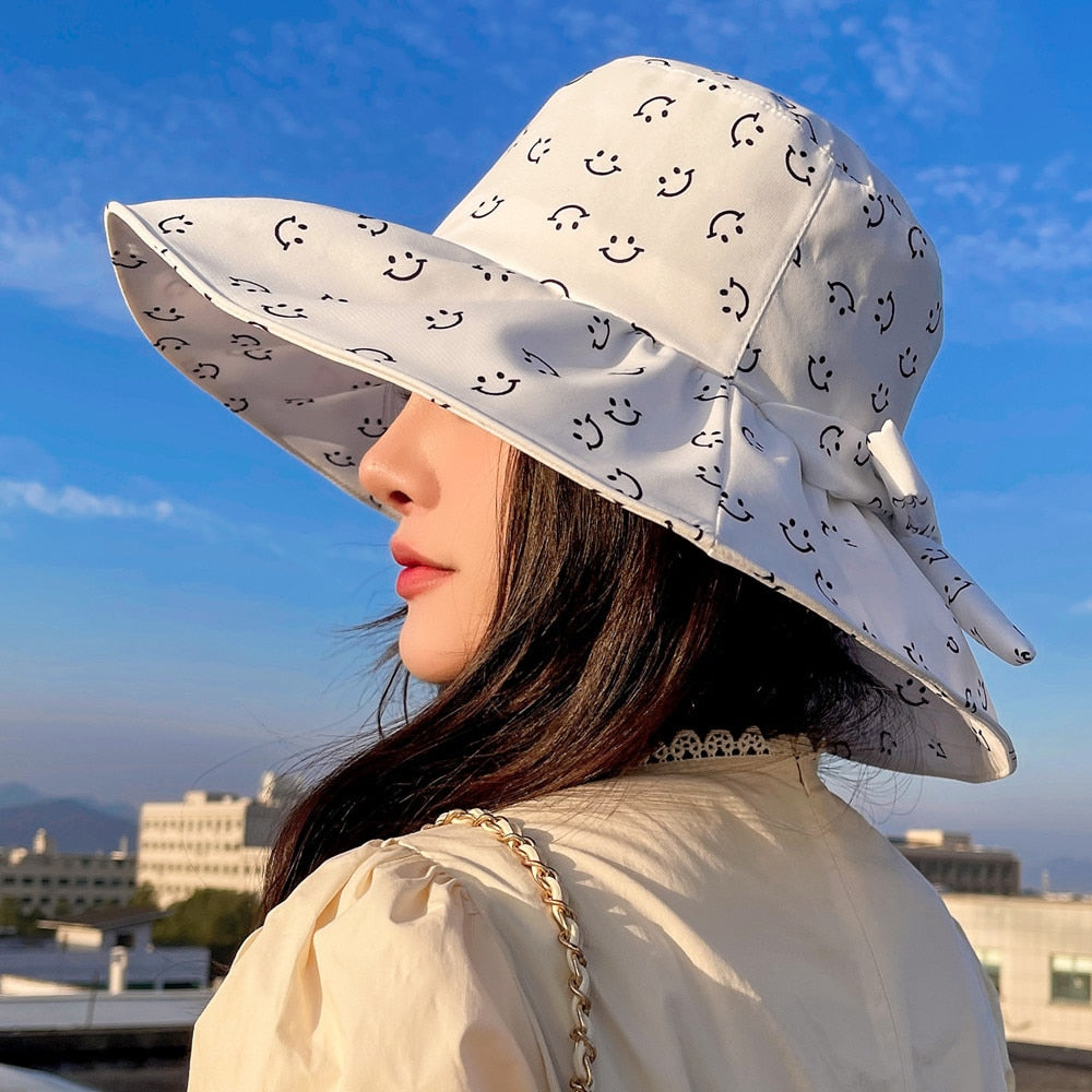 Women's Summer Hat Fashion Smiley Face Pattern Print Cap Bow Design Sun Hat Travel Beach Bucket Hat