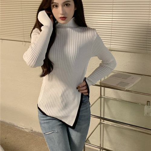 Load image into Gallery viewer, Pullover Turtleneck Sweater Split Fork Fashion Spring Knitted Jumper Simple Elastic Soft Long Sleeve Female Tops
