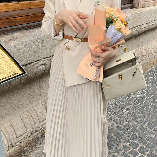 Load image into Gallery viewer, Pleated Dresses For Women Notched Collar Long Sleeve High Waist Spliced Button Elegant Dress Female Fashion Clothes
