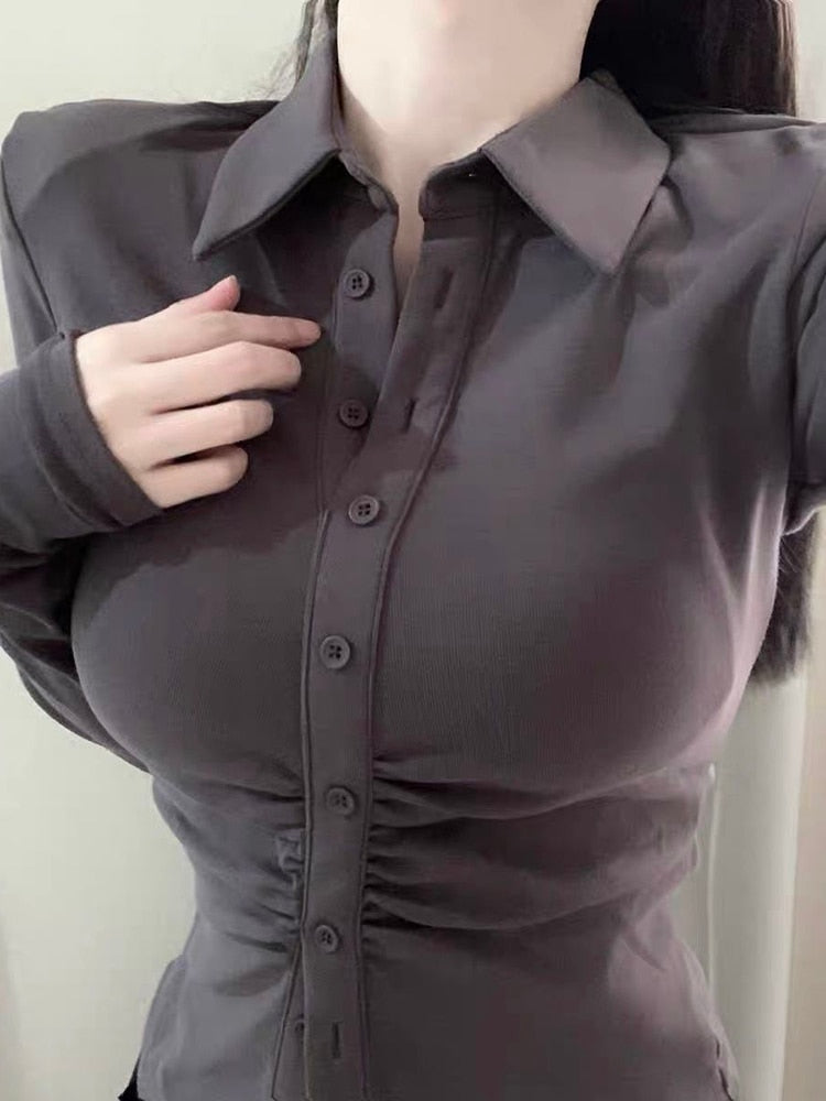 Sexy Shirts Skinny Grey Y2k Long Sleeve Pleated Tops Elegant Chic Korean Fashion Streetwear Office Ladies Blouses