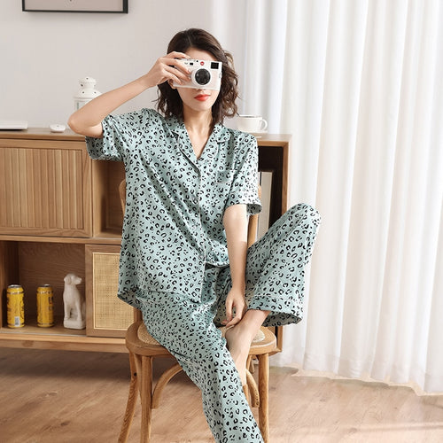 Load image into Gallery viewer, Women&#39;s Spring Summer Chiffon Pajamas Luxury Leopard Print Short Sleeve Pants Homewear Set Fashion Casual Home Suit
