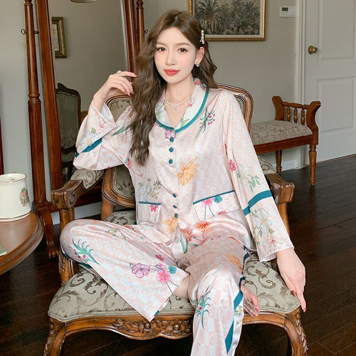 Load image into Gallery viewer, Spring Autumn Silk Like Pajamas Women&#39;s Long Sleeve Pants Fashion Cardigan Flower Print Loose Homewear Two Piece Set
