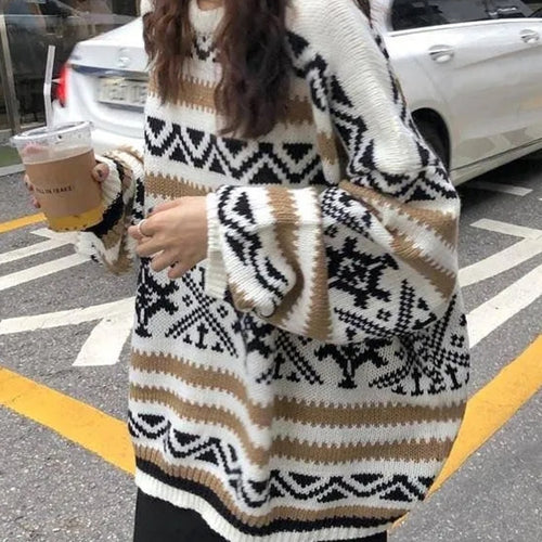 Load image into Gallery viewer, Vintage Pullover Women Sweater Casual O Neck Striped Knitted Jumper Korean Thick Loose Student All Match Winter Tops New
