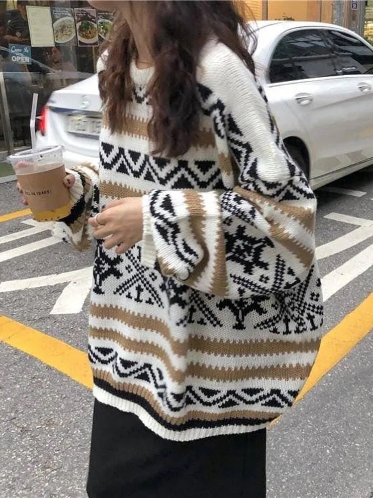 Vintage Pullover Women Sweater Casual O Neck Striped Knitted Jumper Korean Thick Loose Student All Match Winter Tops New