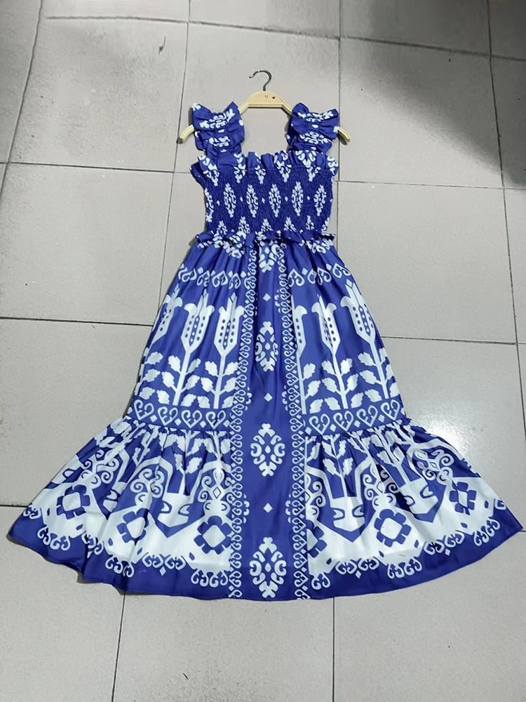 Slim Hit Color Print Dresses For Women Square Collar Sleeveless High Waist Summer Dress Female Fashion Clothing