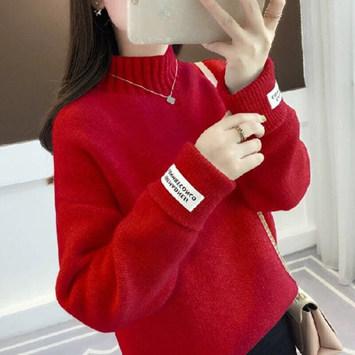 Load image into Gallery viewer, Women Half Turtleneck Sweater Autumn Loose Wool Pullover Knitted Jumper Long Sleeve Letter Top Casual Warm Ladies Blouse
