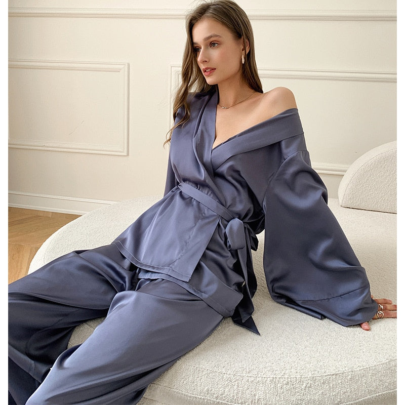 Women's Pajamas Set Solid Sleepwear Silk Like Casual Homewear V Neck Nightwear Simplicity Nightgown Femme пижама женская