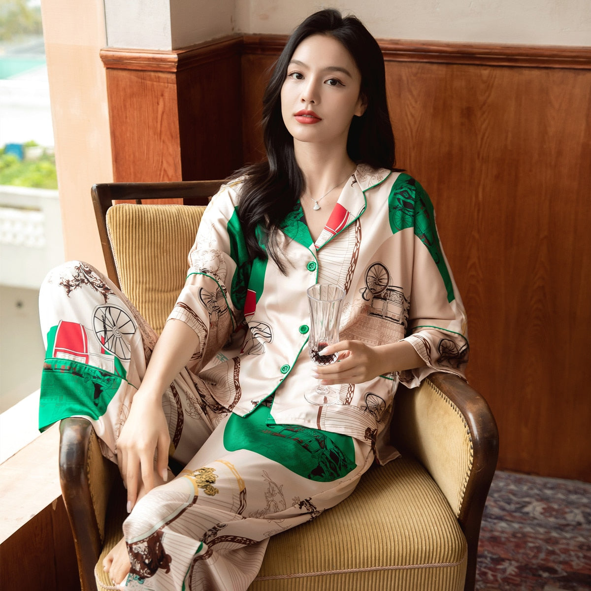 High Quality Women's Pajamas Set Vintage Print Loose Design Nightwear Silk Like Sleepwear Casual Leisure Homewear Femme