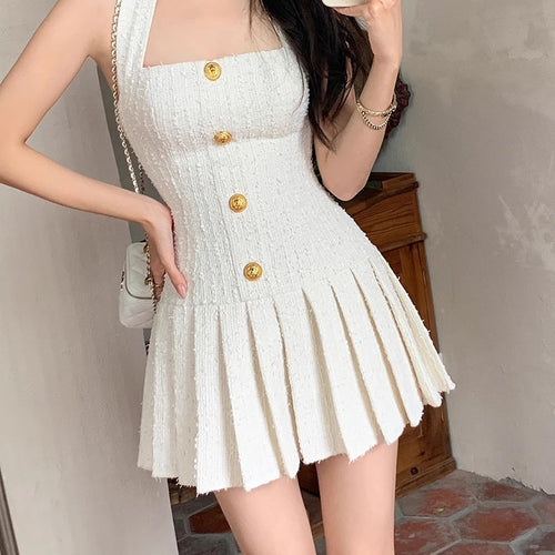 Load image into Gallery viewer, Elegant Solid Dresses For Women Halter Sleeveless Tunic Patchwork Pleated Temperament Dress Female Fashion Clothing
