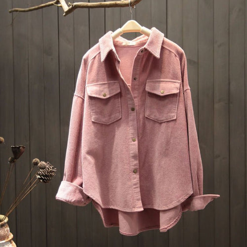 Load image into Gallery viewer, Oversize Women Corduroy Shirt Single Breasted Fashion Turn Down Collar Tops Casual Long Sleeve Pockets Female Shirt
