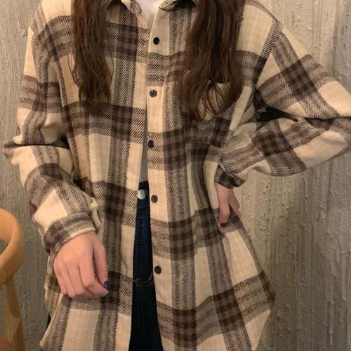 Load image into Gallery viewer, Thick Women Plaid Shirts Korean Winter Warm Fleece Button Up Tops Vintage Turn Down Collar Loose Casual Woolen Female Coats
