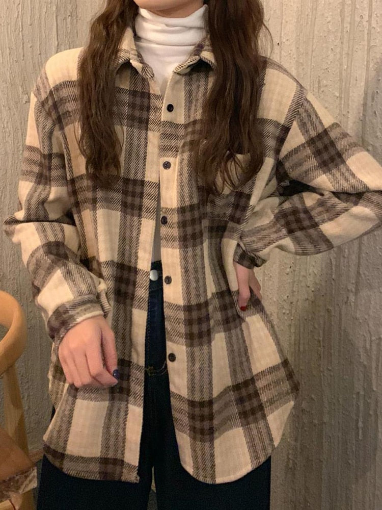 Thick Women Plaid Shirts Korean Winter Warm Fleece Button Up Tops Vintage Turn Down Collar Loose Casual Woolen Female Coats