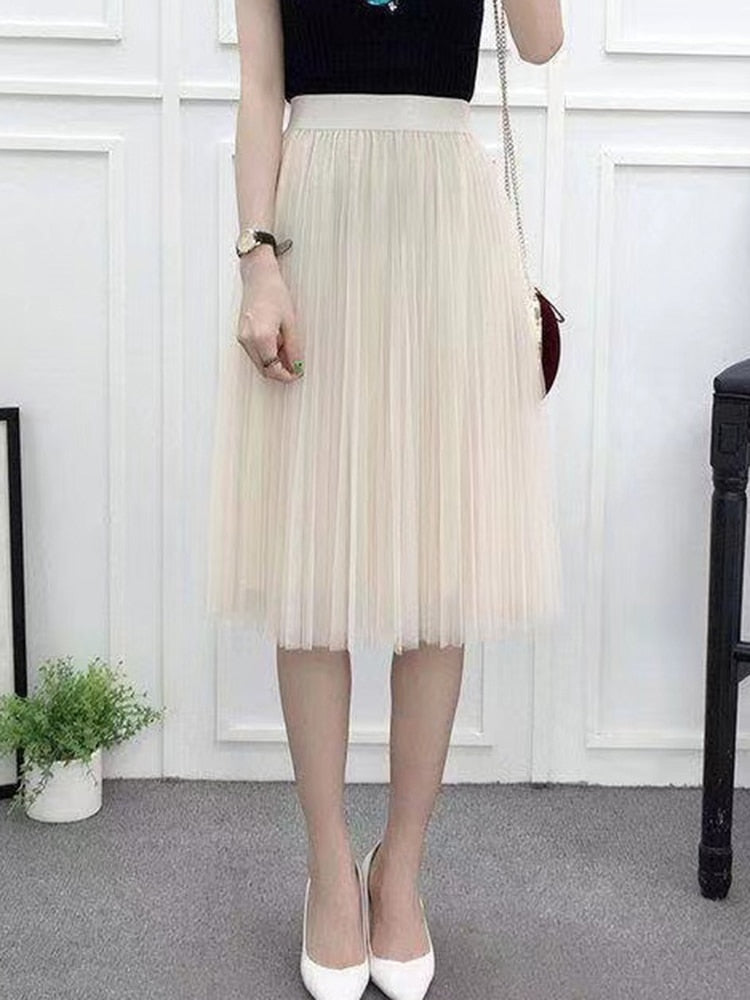 Elegant Women Tulle Skirt  Korean Fashion Mesh White A Line Ladies Pleated Skirt Summer Chic High Waist Black Party Faldas