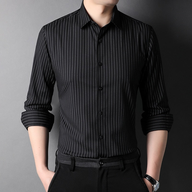 Top Grade New Fashion Brand Designer Slim Fit Vertical Stripes With Cufflinks Mens Shirts Casual Long Sleeve Men Clothing