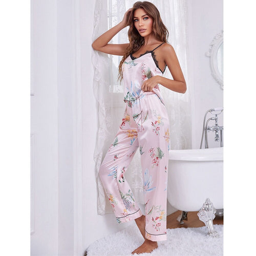 Load image into Gallery viewer, Women&#39;s Pajamas Set Floral Print Sleepwear Silk Like Casual Homewear Sling Camisole Top Pants Nightwear Femme for Summer
