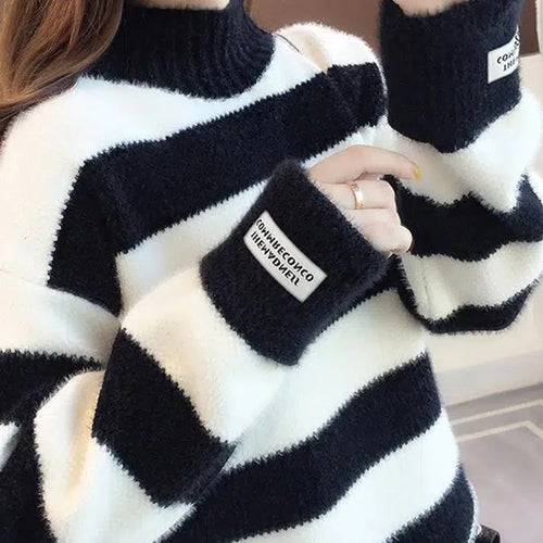 Load image into Gallery viewer, Women Half Turtleneck Sweater Autumn Fashion Striped Loose Pullover Knit Jumper Long Sleeve Letter Top Casual Warm Blouse
