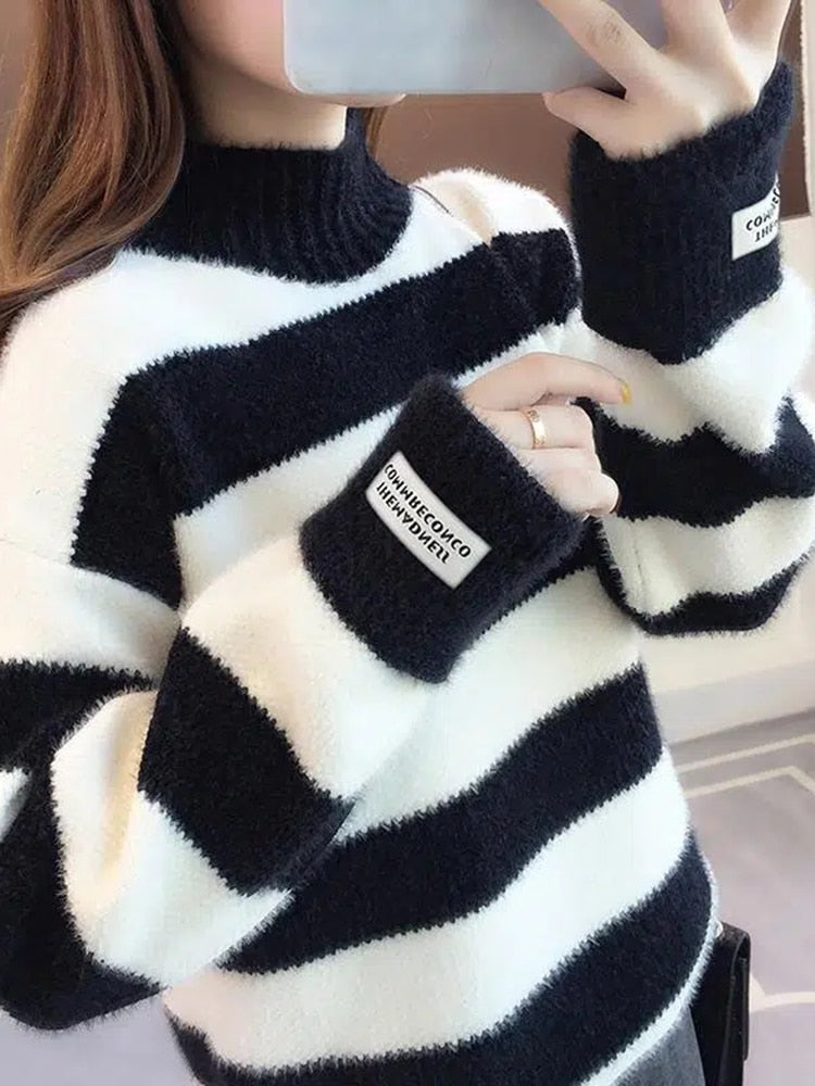 Women Half Turtleneck Sweater Autumn Fashion Striped Loose Pullover Knit Jumper Long Sleeve Letter Top Casual Warm Blouse